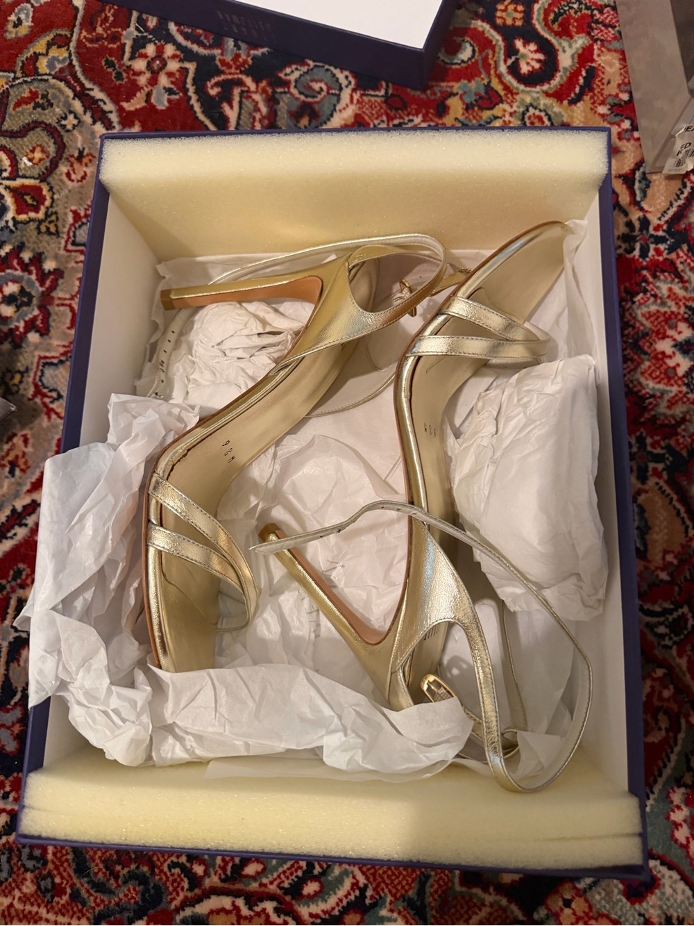 Stuart Weitzman Gold Metallic Strappy Heels Sandals NIB Size 9.5
